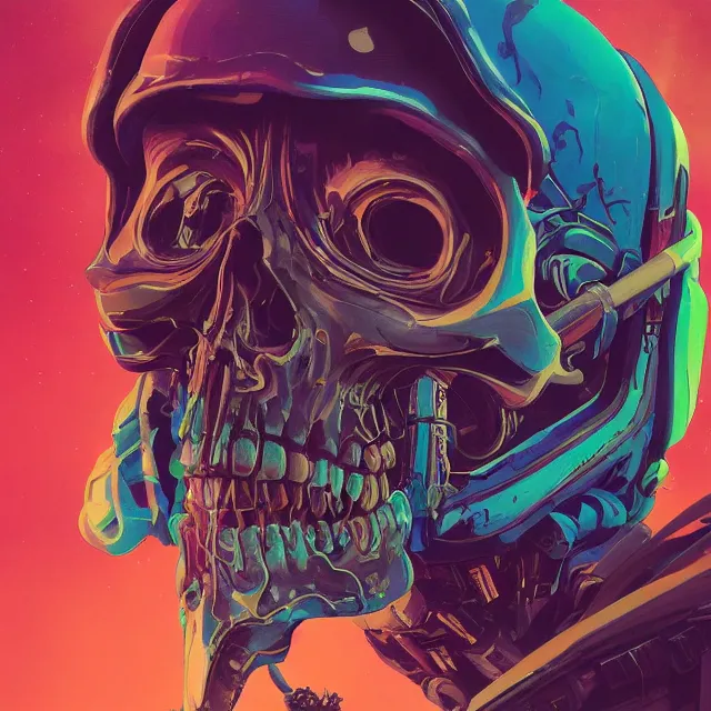 Prompt: a beautiful portrait painting of a ( ( cyberpunk ) ) skull by simon stalenhag! and pascal blanche and alphonse mucha!! and nekro!. in style of digital art. colorful comic, film noirs!, symmetry, hyper detailed. octane render. trending on artstation