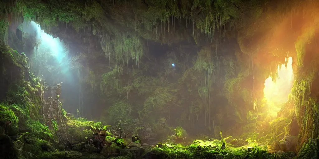 Prompt: magnificent mechanical steampunk monster looking eerily into a cave entrance with lush vegetation and mystical (((glowing algae))) in the sunset, light coming through from holes in the ceiling, waterfalls, desaturated, creepy ambiance, dangerous, sharp focus, highly detailed, artgerm