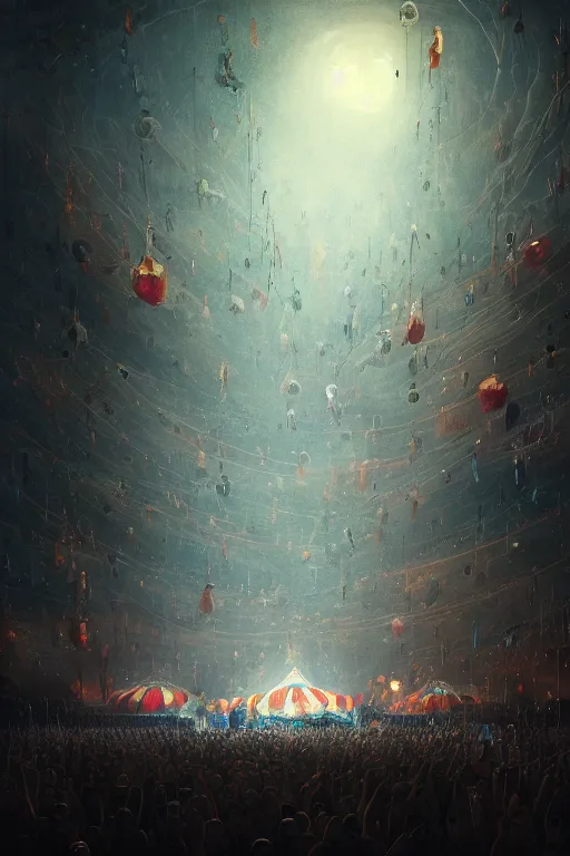 Image similar to a beautiful hyperrealistic painting of a night at the circus by Anato Finnstark, Anton Semenov, Alejandro Burdisio, trending on artstation, gigantic, octane render, brilliantly coloured, intricate, ultra wide angle, trending on artstation, dusk, volumetric lighting, polished, micro details, ray tracing, 8k