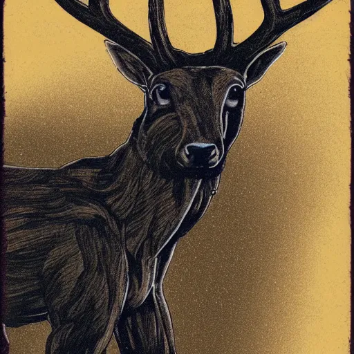 Prompt: a dark humanoid creature with deer limbs, distorted, pulled, glitched, wind