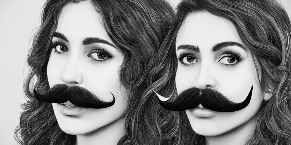 Prompt: a portrait of an attractive young woman with a villainous moustache, beautiful, detailed, art gallery, high definition