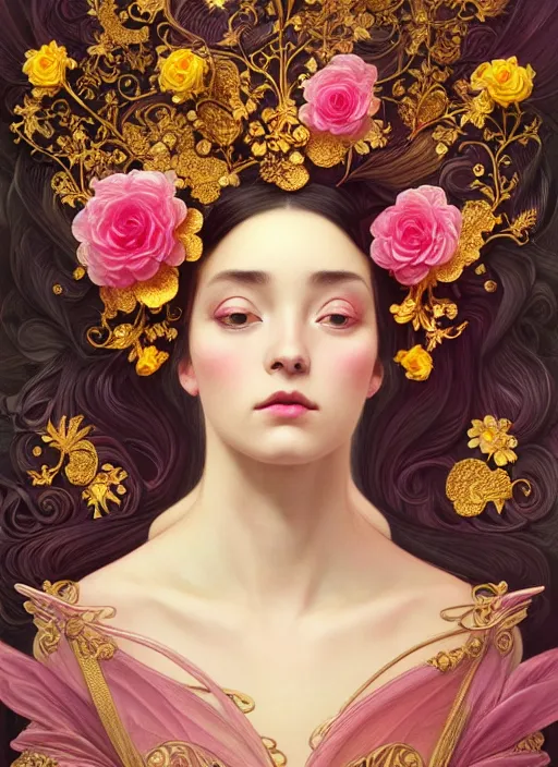 Image similar to beautiful black pink yellow, complicated gold and pink flowers in baroque style headwears, dark fantasy, intricate, elegant, highly detailed, digital painting, artstation, concept art, matte, 3 d 8 k octane rendered, sharp focus, illustration, octane rendered, art by artgerm and alphonse mucha, leesha hannigan