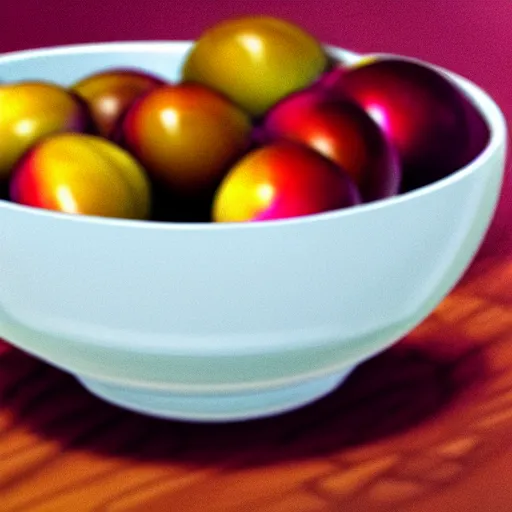 Image similar to drawing of a single thick porcelain bowl filled with a few moist freshly picked plums on a wooden table. volumetric lighting. drawing. small scale. artistic. trending on artstation.