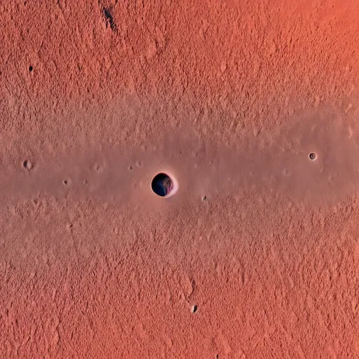 Prompt: very high resolution, fine detail, 4 k, aerial photo looking down from above on a large crater with a city around it, on the surface of planet mars, with red desert dunes