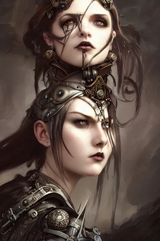 Image similar to beautiful and gothic and evil and luxury and dieselpunk young medieval female knight portrait +smoky eyes+front face with light flowing hair, ultradetail face, art and illustration by tian zi and craig mullins and WLOP and alphonse mucha, fantasy, intricate complexity, human structure, human anatomy, fantasy character concept, watermark, blurry, hyperrealism 8k