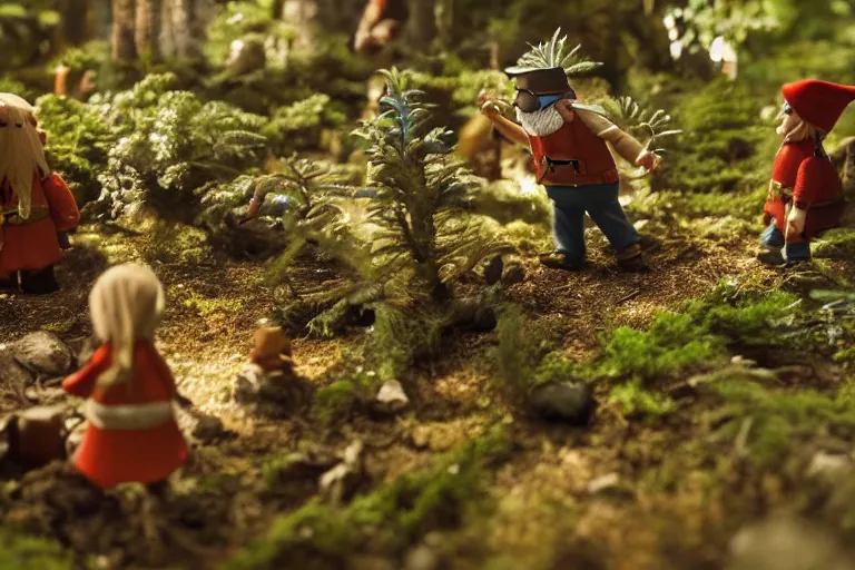 Prompt: movie scene portrait closeup, real life team of tiny gnome people building a tiny house in the forest natural lighting by emmanuel lubezki