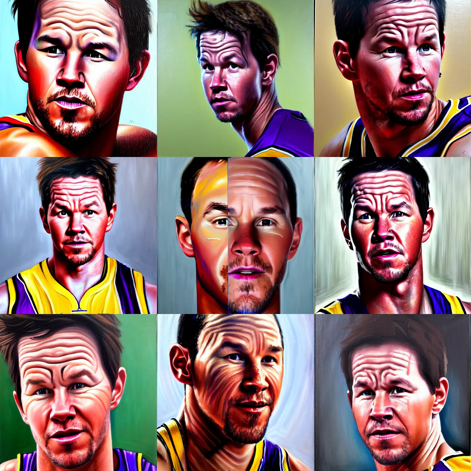 Prompt: portrait of mark wahlberg in makeup as kobe bryant, oil on canvas by william sidney mont, trending on art station