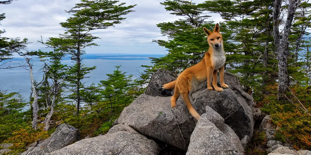 Image similar to a dingo poses on the precipice trail on mt. champlain in maine, ocean background, ladders