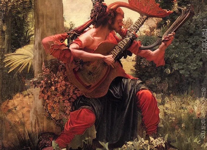 Prompt: bard - a devil with red skin and horns playing lute. edgar maxence and caravaggio and michael whelan and delacroix style, artistic, intricate painting, cinematic lighting, hyper realistic, extremely detailed, vivid colors, establishing shot, dramatic lighting