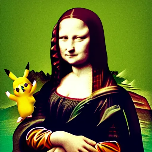 Image similar to Pikachu as the Mona lisa, cyper punk, dark background, instagram