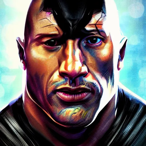 Prompt: dwayne johnson as spiderbatman, digital illustration portrait design, by android jones and greg rutkowski, retrowave color scheme, detailed, cinematic lighting, wide angle action dynamic portrait