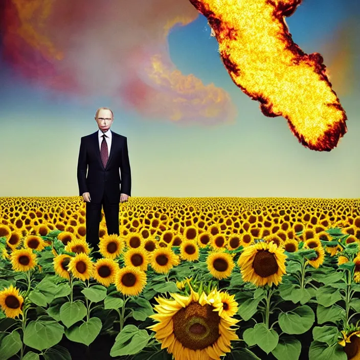 Image similar to photo portrait of Vladimir Putin in sunflower field, dressed in shirt with ornamental ethereal sunflower pattern, natural skin tone, explosion and fire in the background, elegant, Realistic, Refined, Highly Detailed, natural soft pastel lighting colors scheme, fine art photography by Cecil Beaton, volumetric lighting, hyper realistic photography