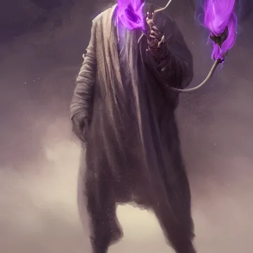 Prompt: a beautiful ultradetailed portrait of a wizard with a body made of smoke! beautiful large purple staff in his hand, with a single large grey smoke cloud by his side, by greg rutkowski, karol bak and peter mohrbacher, volumetric lighting, magical realism, dark, wizard, smoke