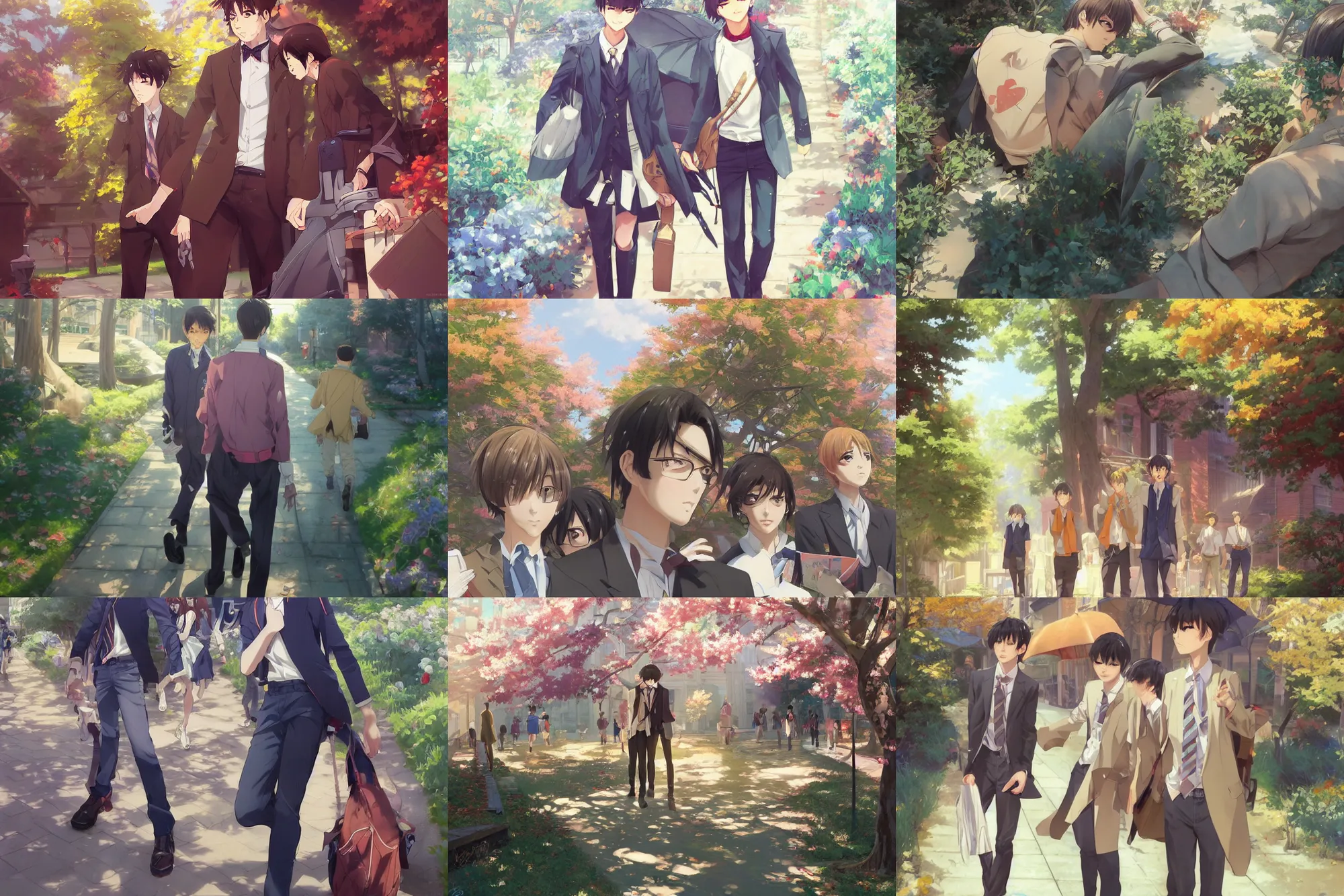 Prompt: boy's love anime high school spring noon scene, high detail concept art, perfect proportions fine face, tall handsome guys, close together romantic undertones, avant designer uniform, vivid colors, realistic shaded lighting poster fantasy art artgerm, kyoani, katsuhiro, jeremy lipking and michael germash, makoto shinkai, loish, best selling artist