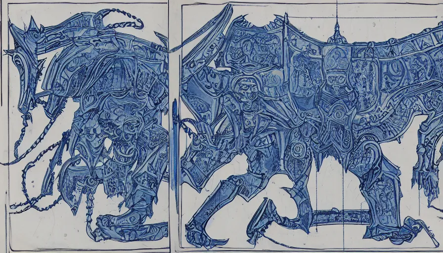 Image similar to blue board blueprint with lots of annotations of legs of an ornate armour, views front side and rear, covered in runic tattoos, Travis Charest style