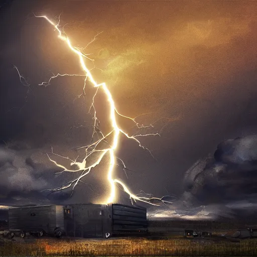 Prompt: power transformer exploding from lightning strike, digital painting, 8 k, dynamic lighting