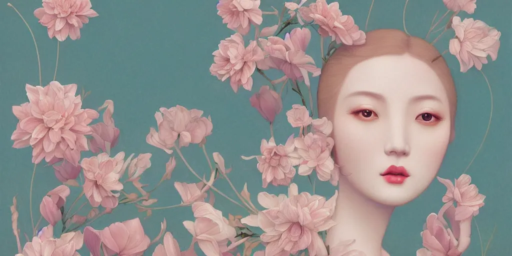 Image similar to breathtaking delicate painting pattern art deco blend of flowers and faces, by hsiao - ron cheng, bizarre compositions, many exquisite detail, pastel colors, 8 k