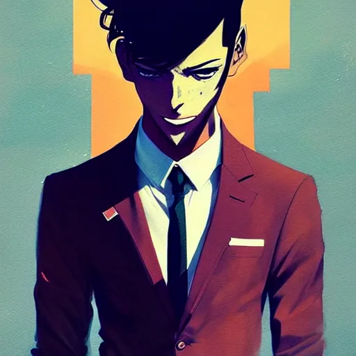 Image similar to a ultradetailed portrait painting of a stylish man wearing suit outfit, by conrad roset, greg rutkowski and makoto shinkai trending on artstation