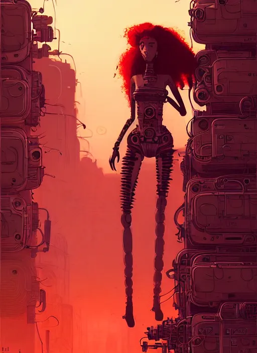 Prompt: highly detailed portrait of a wasteland long curly red hair tribal lady, stray wiring by atey ghailan, james gilleard, by joe fenton, by greg rutkowski, by greg tocchini, by kaethe butcher, 4 k resolution, gradient red, orange, black and white color scheme!!! ( ( burning robotic dystopian city background ) )