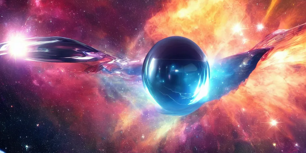 Prompt: chrome blob flying through space at hyperspeed, futuristic nebula photorealistic render unreal ultrawide wonderful