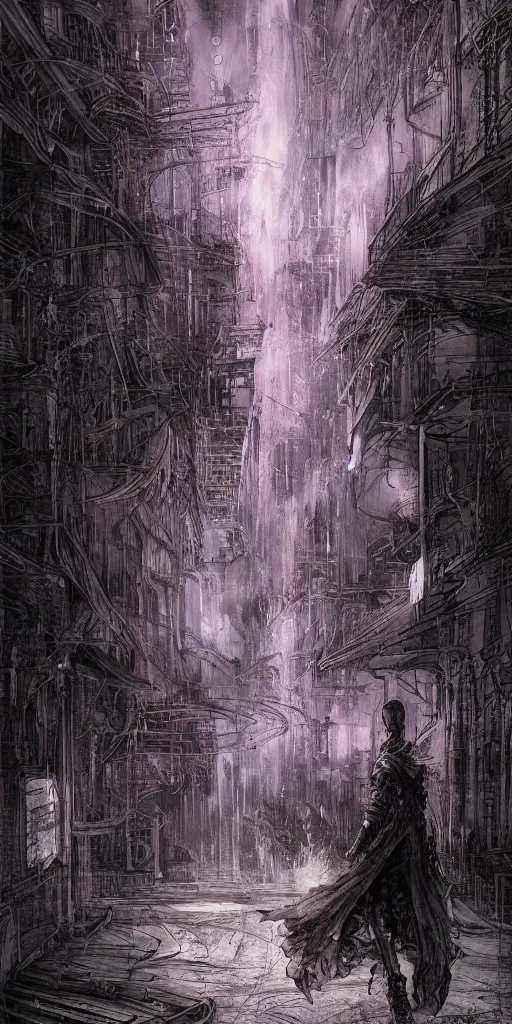 Image similar to Purple fire, dark colors, sinister atmosphere, dramatic lighting, cinematic, establishing shot, extremely high detail, photo realistic, cinematic lighting, pen and ink, intricate line drawings, by Yoshitaka Amano, Ruan Jia, Kentaro Miura, Artgerm, post processed, concept art, artstation, matte painting, style by eddie mendoza, raphael lacoste, alex ross,