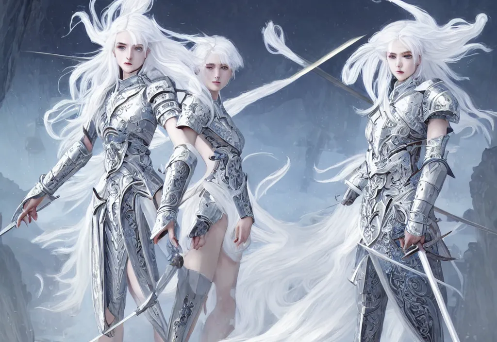 Prompt: white hair knights of zodiac girl wearing matt white ice color armor, kenjutsu dueling in ruined agora of athens sunrise, ssci - fi and fantasy, intricate and very beautiful and elegant, highly detailed, digital painting, artstation, concept art, smooth and sharp focus, illustration, art by tian zi and wlop and alphonse mucha