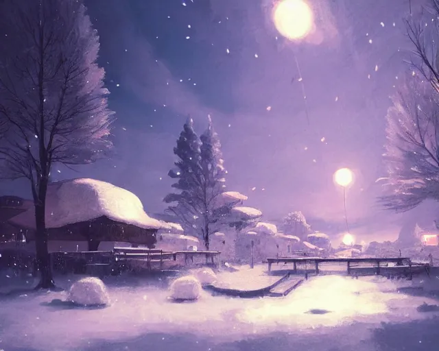 Image similar to scenery artwork, scene beautiful, light!! light essential calm and cozy winter world snow and night, surrealism oil on canvas, artstation!! pixiv!! dream scenery, quality studio ghibli projection render, nier automata concept art, vaporwave textures