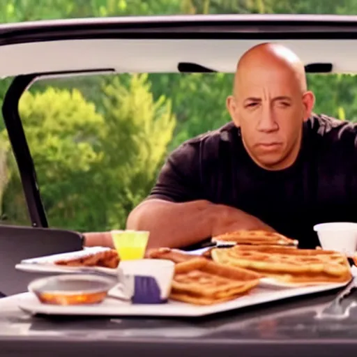 Image similar to movie still of vin diesel eating waffles and pancakes breakfast in a car