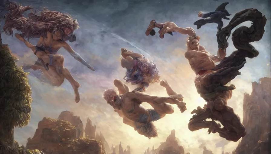 Image similar to epic masterpiece tournament, hyperrealistic, octane render, cinematic, night, moon, muscular bodies, sweaty skin flying kicks, magic, by Edgar Maxence and Ross Tran and Michael Whelan, Lorenzo Sperlonga Legends of Runeterra