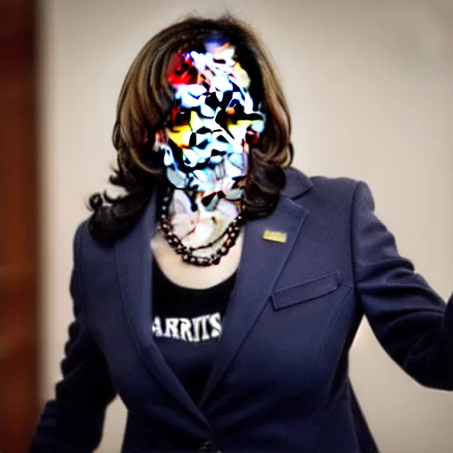 Image similar to kamala harris dressed up in hardcore gangbanger cosplay with face tattoos