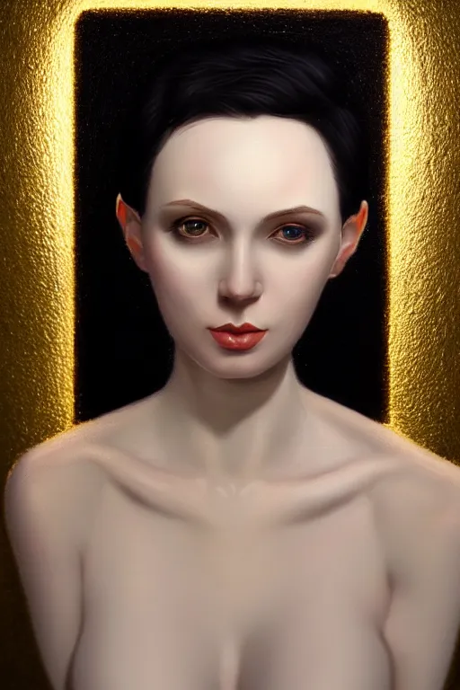 Image similar to Portrait of a beautiful pale skin Nordic female with short black hair, elegant, photorealistic, highly detailed, artstation, smooth, sharp focus, gold ornaments, neon lighting, sci-fi, art by Klimt.