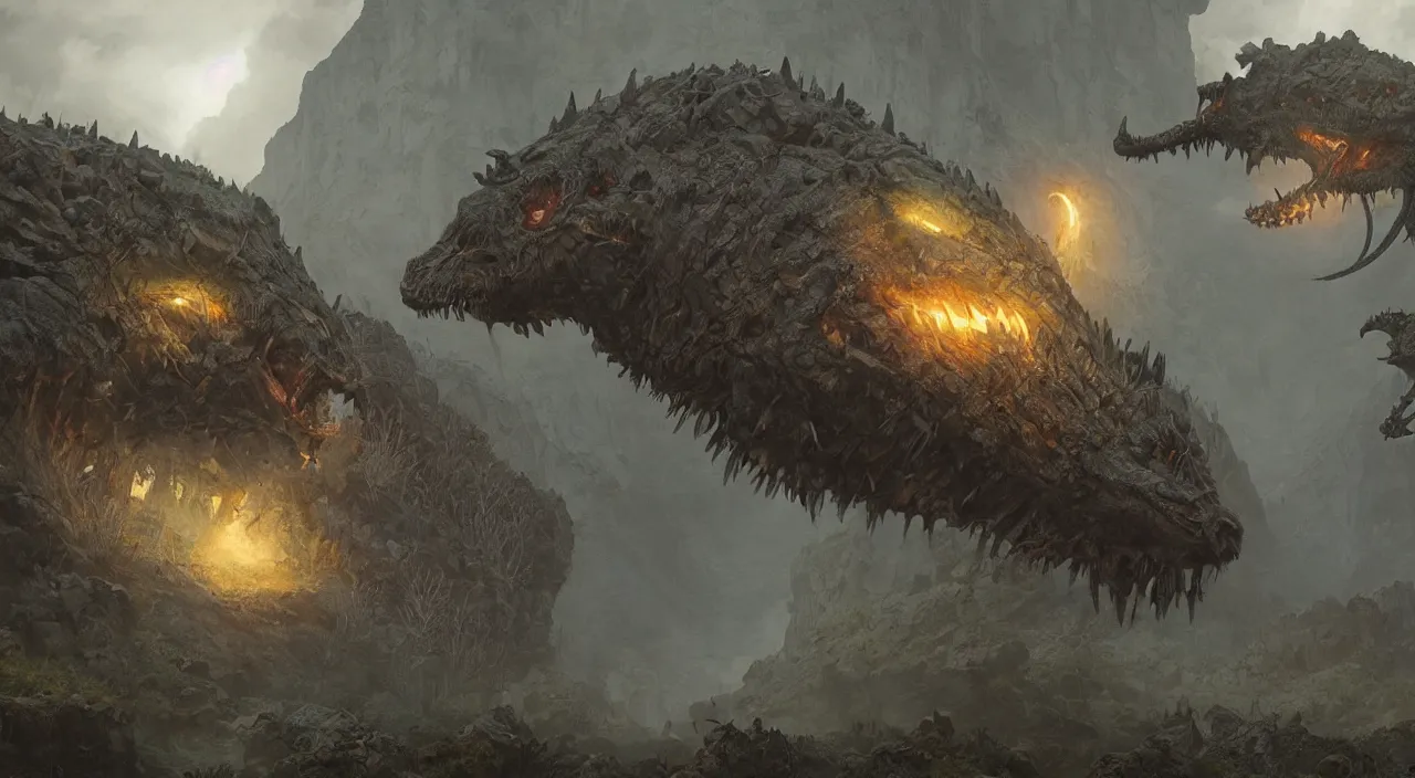 Image similar to technicolor glowing prehistoric beasts, surrounded by slate grey walls, insane details, dramatic lighting, unreal engine 5, concept art, greg rutkowski, james gurney, johannes voss, hasui kawase.