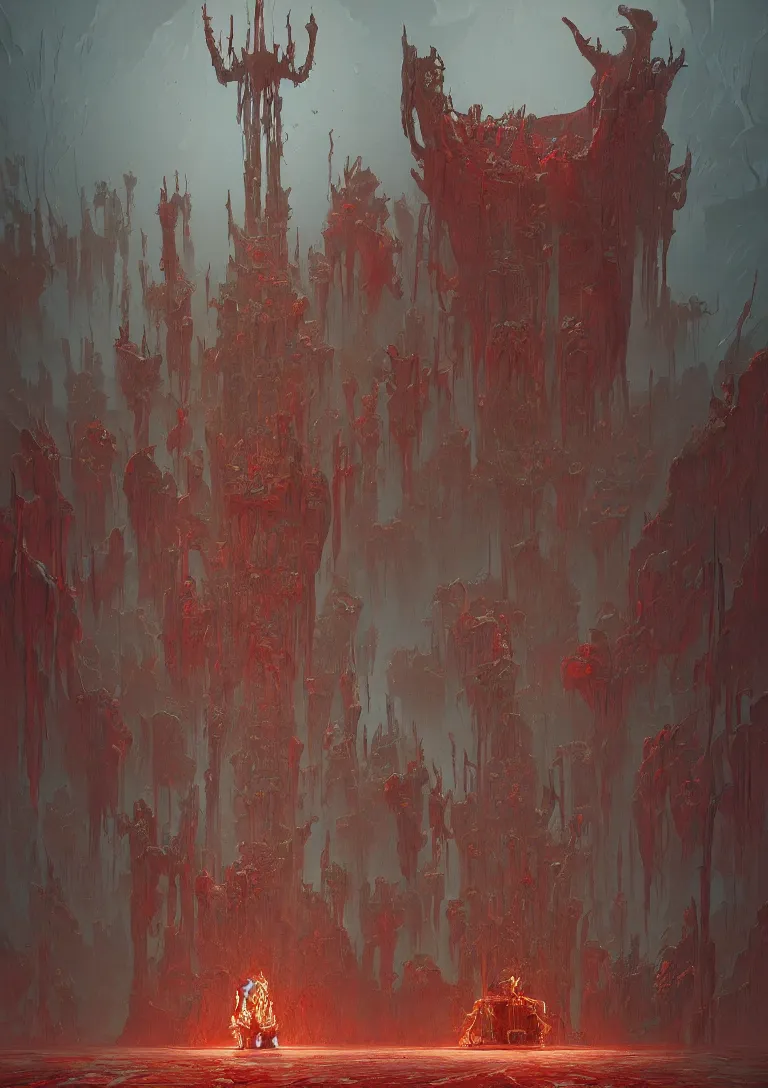 Prompt: painting of a disgusting expansive throne room with a gigantic empty throne made of flesh and walls pulsing with entrails, red tones, trending on artstation, award winning painting, classic, masterpiece, highly detailed, sharp focus, cohesive, art by anton fadeev and john howe and simon stalenhag and greg rutkowski and alphonse mucha