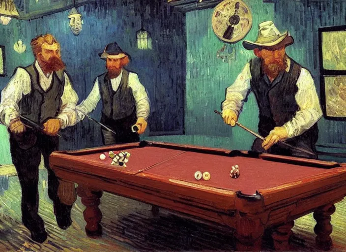 Image similar to a highly detailed beautiful portrait of van gogh playing pool, by gregory manchess, james gurney, james jean