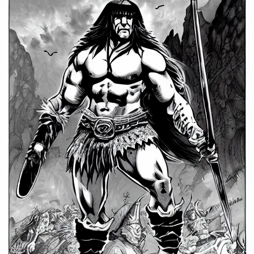 Prompt: conan the barbarian in the style of conan the barbarian by frank frazzetta