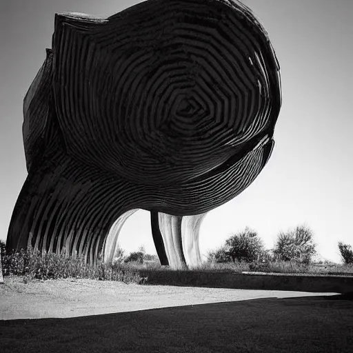 Image similar to old photograph from a strange alien city, organic buildings, black and white
