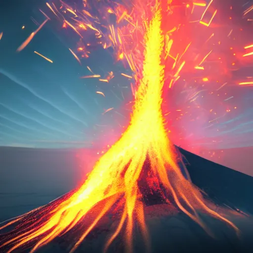 Image similar to a volcano fires ice instead of lava, heatwave, 4 k photoshop, photorealistic, 1 0 0 m, sharp focus, bokeh, movie shot, artstation, behance, deviantart, cinematic perspective, studio shot