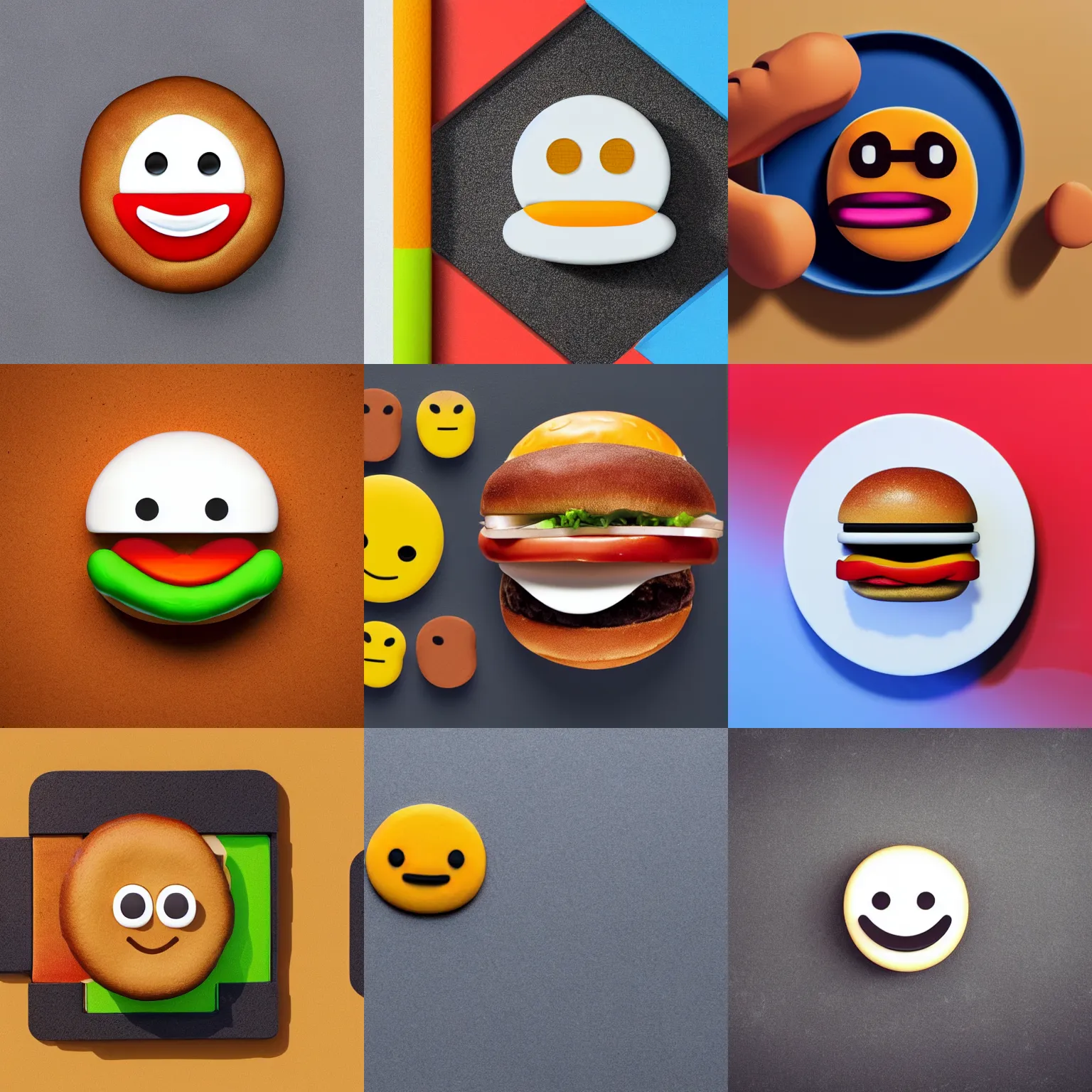Prompt: Hamburger that looks like the iOS emoji and has the same colors, 3D clay render, 4k UHD, white background, isometric top down left view, diffuse lighting, zoomed out very far, centered, symmetrical