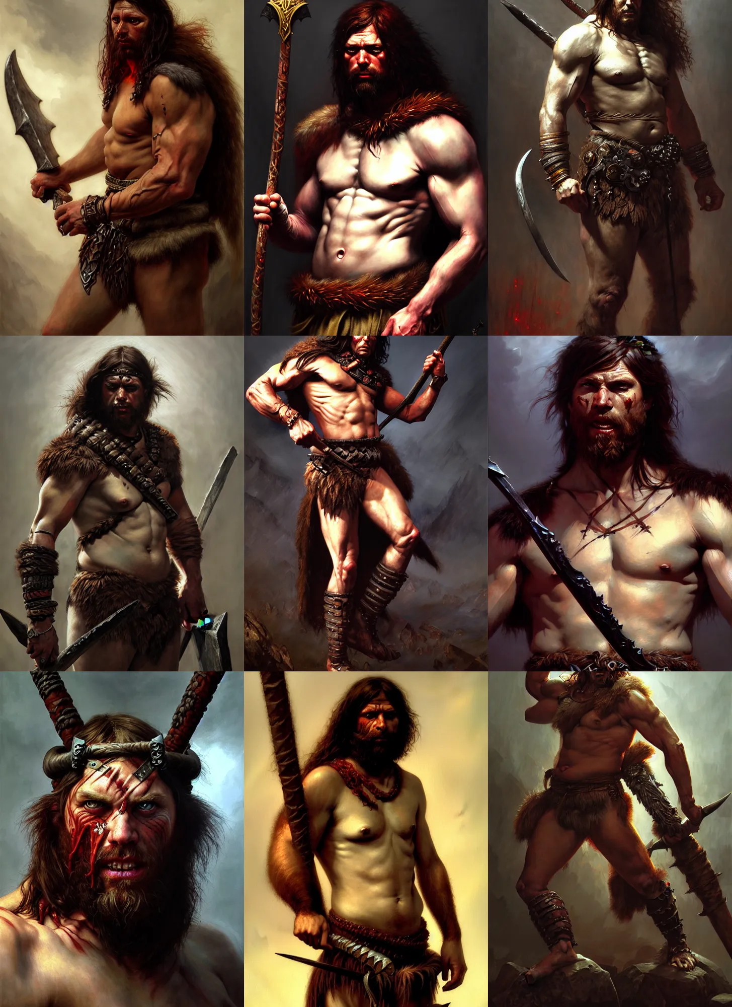 Prompt: barbarian, savage, full body male hyper realistic, extremely detailed, dnd character art portrait, dark fantasy art, intricate fantasy painting, dramatic lighting, vivid colors, deviant art, artstation, by edgar maxence and caravaggio and michael whelan and delacroix.