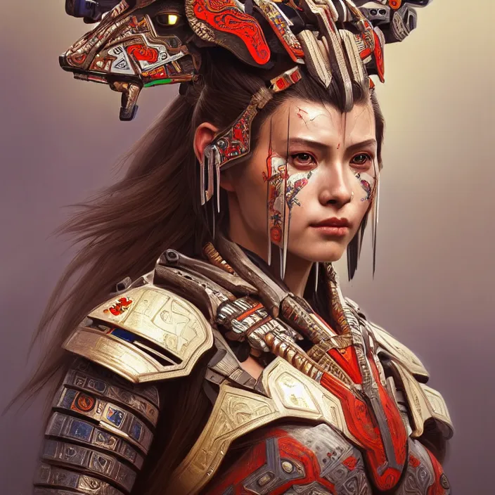 Image similar to symmetry! portrait of a caucasian female warrior, face decorated with chinese opera motifs, leds horizon zero dawn machine, intricate, elegant, highly detailed, digital painting, artstation, concept art, smooth, sharp focus, illustration, art by artgerm and greg rutkowski and alphonse mucha, 8 k