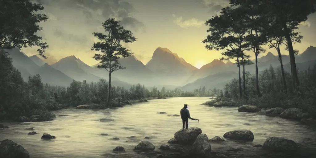 Prompt: A majestic landscape featuring a river, mountains and a forest. There is an old man standing, wearing a backpack and staring at the sunset. Cinematic, very beautiful, pencil drawing