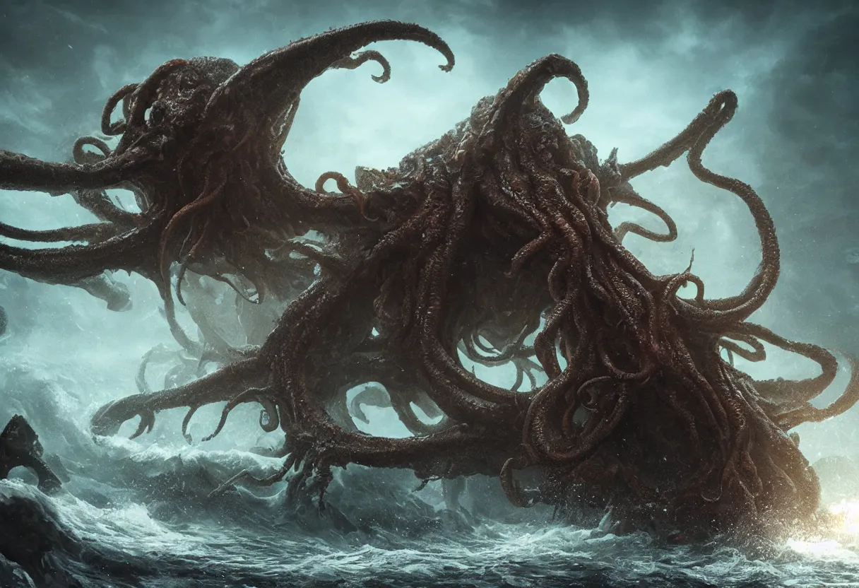 Image similar to concept art of cthulhu emerging from the ocean, omnious old photo, cinematic lighting, apocalyptic, atmospheric, hyper realism, realistic, octane render, dramatic lighting, highly detailed, cinematic