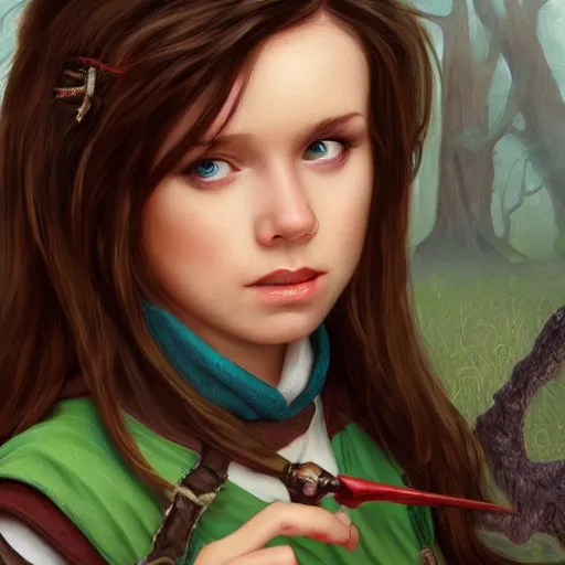 Image similar to brunette irish elementary school teacher, small, cute, dnd character, portrait, matte fantasy painting, deviantart artstation, by jason felix by steve argyle by tyler jacobson