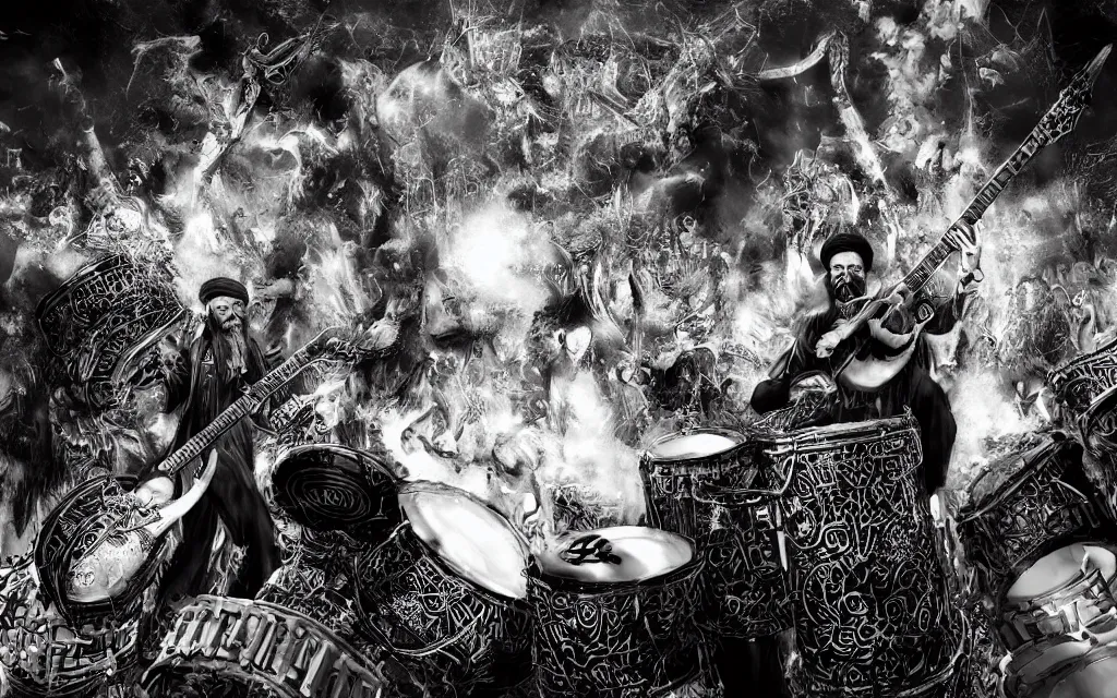 Image similar to khamenei playing drums in heavy metal band in hell hanged bodies in horizon, high definition, trending on artstation, unreal engine, photorealistic, high resolution,, trending on deviantart, hdr, hyper detailed, insane details, intricate, elite, ornate, elegant, luxury, dramatic lighting