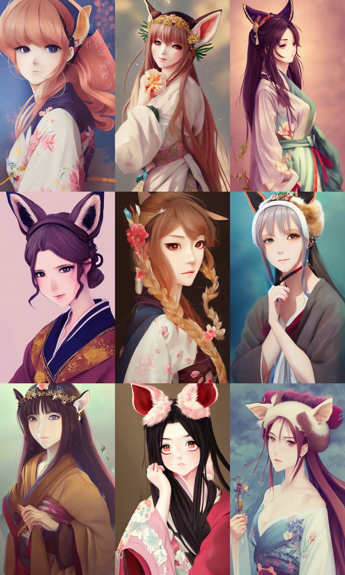 Prompt: A realistic anime portrait of a beautiful young noblewoman with fox ears wearing a kimono, digital painting, by WLOP and Rossdraws, digtial painting, trending on ArtStation, deviantart