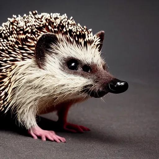 Prompt: still image of a hedgehog wearing body armor, hedgehog soldier with a gun, the hedgehog is holding a rifle, photo