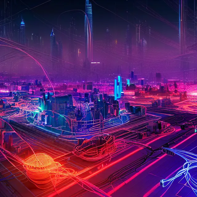Image similar to beautiful 3 d render of futuristic circuit blocks connected with thick glowing wires, centered, symmetry, painted, intricate, volumetric lighting, beautiful, rich deep colors masterpiece, sharp focus, ultra detailed, in the style of dan mumford and marc simonetti, with a clear crowded futuristic cyberpunk dubai city in the background, astrophotography