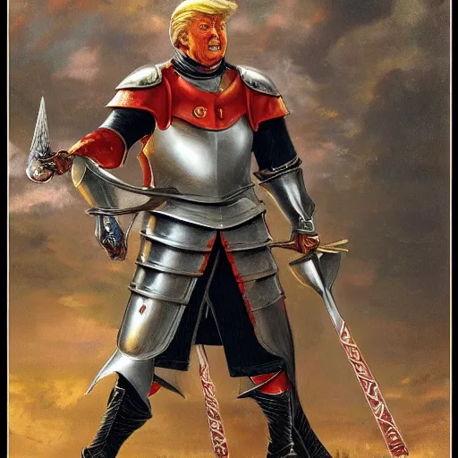 Prompt: donald trump as a knight, shinning armor, knights armor, donald trumps sexy face, intimidating pose, knights gauntlets, by hans thoma