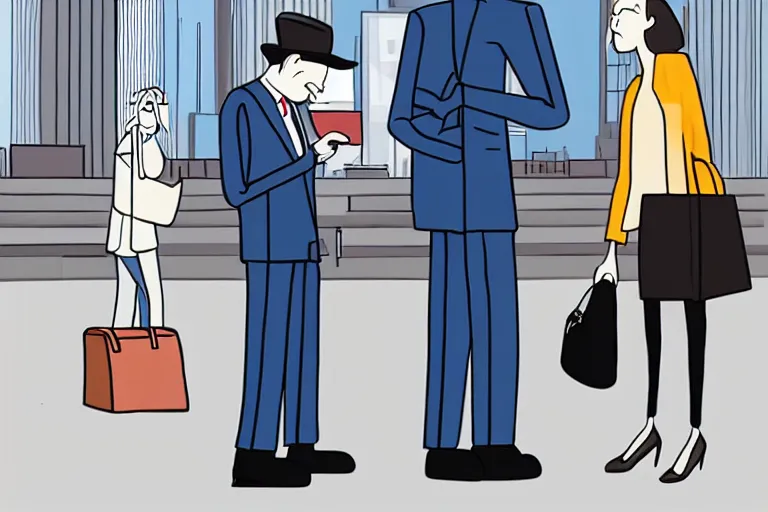 Prompt: tall, security guard checks the bags of a worried looking couple, man and woman, art in the style of the new yorker