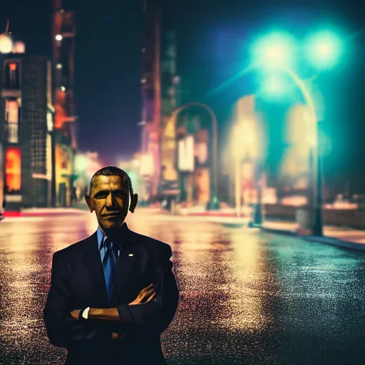 Image similar to a still of Barak Obama. Shallow depth of field. City at night in background, lights, colors ,studio lighting, mood, 4K. Profession photography